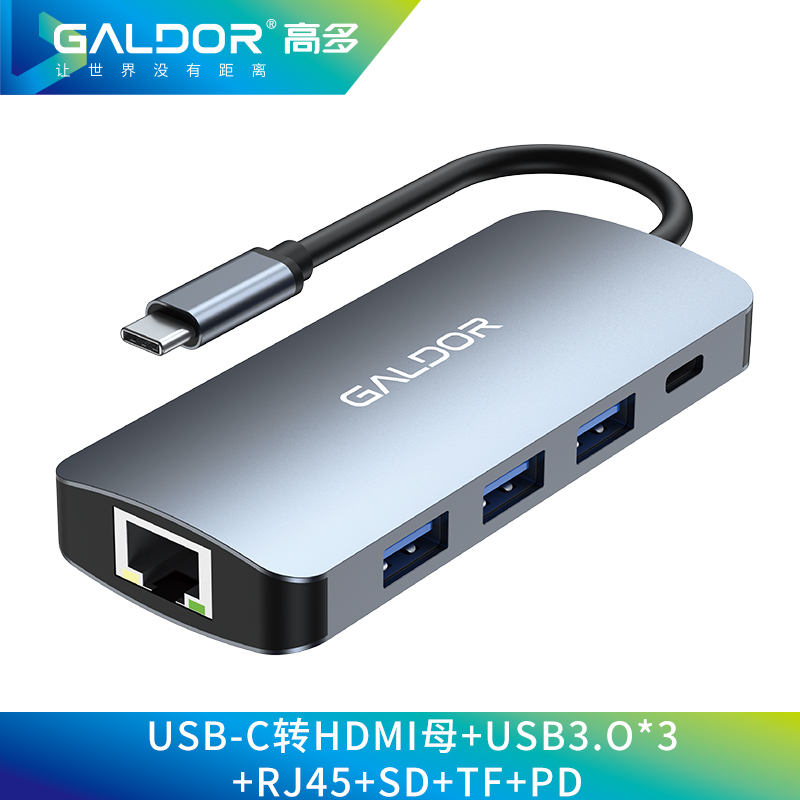 USB-C 轉(zhuǎn) HDMI母+USB3.0*3+網(wǎng)卡百兆+SD+TF+PD/八合一